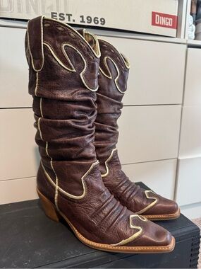 Nana Vintage Brown Leather Western Slouch Boots